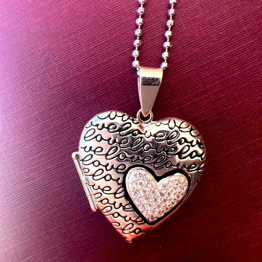 925 silver heart locket pendant with cubic zirconia accents w/chain